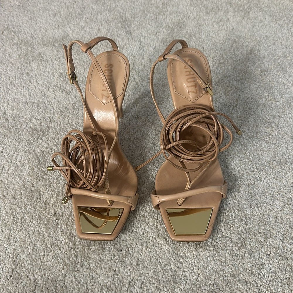 SCHUTZ Tan Strappy Lace-Up Stiletto Sandals - Picture 3 of 7